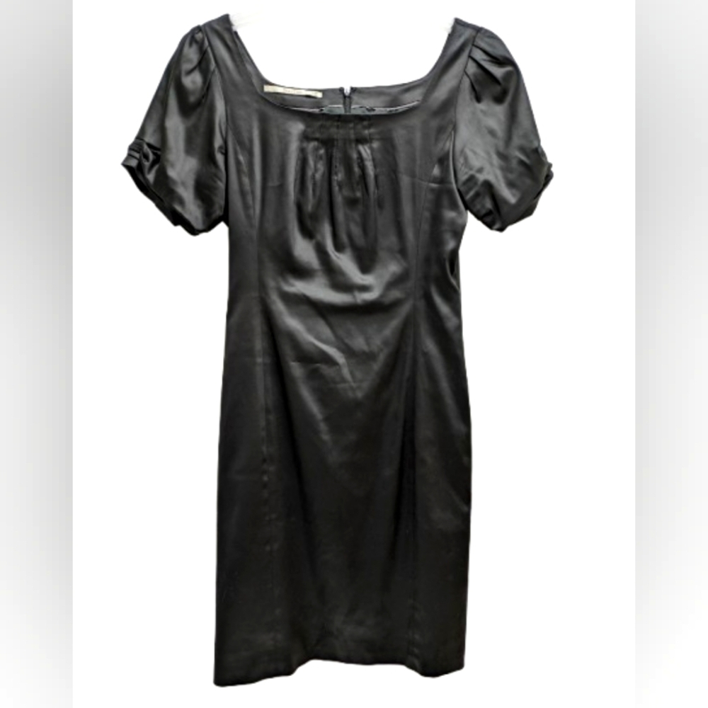 Part Two black satin knee length dress size 8 ruched puff sleeves